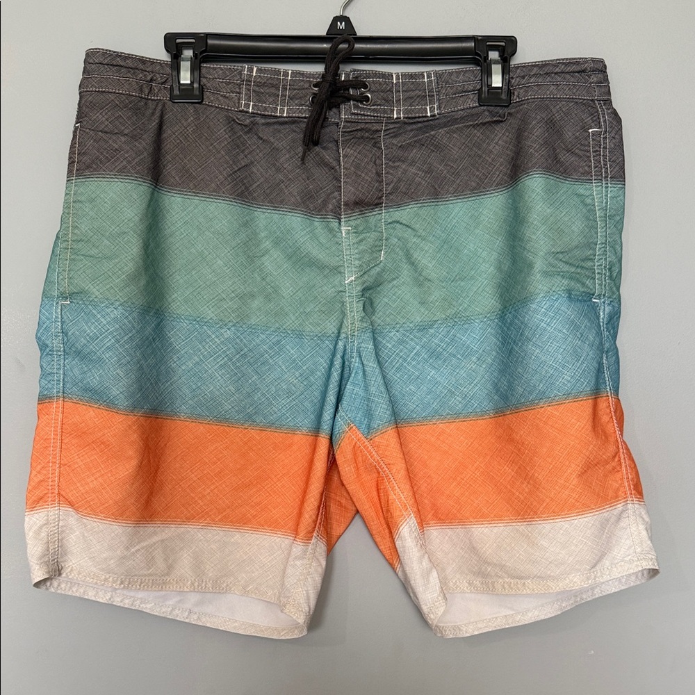 Roundtree & Yorke Gray, Green, Blue, Orange & Cream Striped Swim Shorts